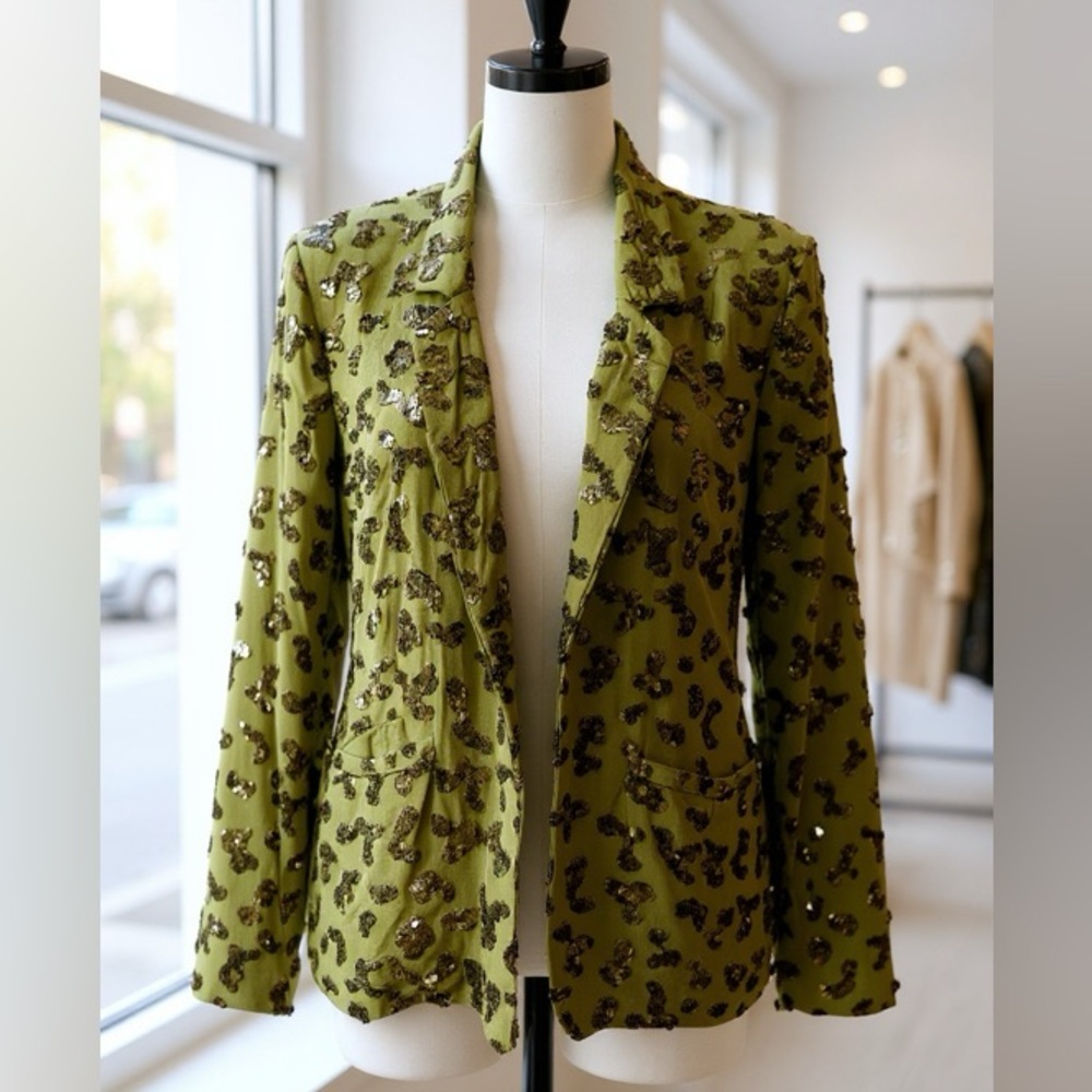 Lucky Brand Green Gold Sequin Open Front Blazer Size XS